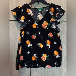 dip Blouse V-Neck Ruffle Sleeve Whimsical Citrus Colorful 100% Cotton Top